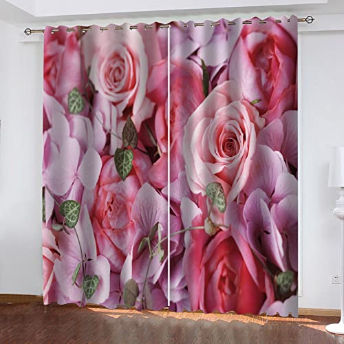 AOKLEY 3D Blickdicht Vorhang Rosa Rose Verdunkelungsvorhänge mit Ösen 2 Stücke Blickdicht Gardine für Wohnzimmer Kinderzimmer Schlafzimmer Größe:280cm(B) x245cm(H) von AOKLEY