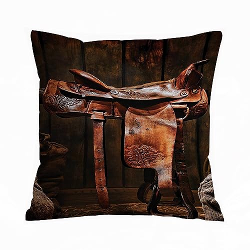 Kissenbezügen 40x 40 cmWestern American West Traditioneller Stil Rodeo Cowboy Sattel Holz Ranch Scheune Dekorationskissenbezüge quadratisch weich Bauernhaus Kissenbezüge für Couch Sofa Bett Auto. von AOKLEY