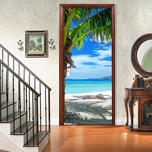 Türtapete Selbstklebend Strand Palme 3D Türtapete Türposter Fototapete für Tür Wohnzimmer Küche Badezimmer Türaufkleber Türfolie UV-Beständig B77 x H200cm von AOKLEY