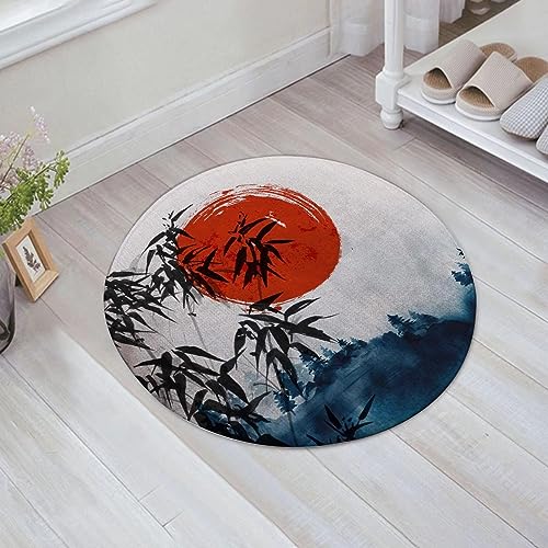 teppich rund 60 cm,badematte rutschfest Japanischer Bambus Asiatische Tuschmalerei Schwarze Baumstämme Rote Weich Kurzflor Teppiche für Eingangsbereich Innen Dusche Zimmer Kinderzimmer Schlafzimmer von AOKLEY