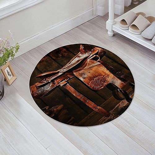 teppich rund 60 cm,badematte rutschfestWestern American West Traditioneller Stil Rodeo Cowboy Sattel Holz Ra Weich Kurzflor Teppiche für Eingangsbereich Innen Dusche Zimmer Kinderzimmer Schlafzimmer von AOKLEY