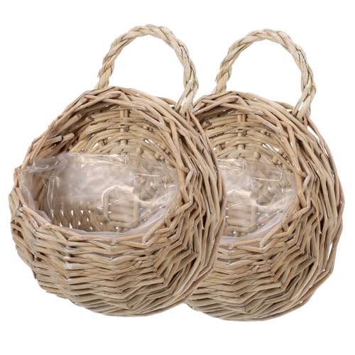 AOKWAWALIY 2 Stück Wandbehang Rattan Blumenkorb Weide Pflanzkorb Schiene Pflanzgefäß Container Wandbehang Blumentopf Tür Korb Küche Aufbewahrungskorb Gemüseregal Wandmontage Holz von AOKWAWALIY