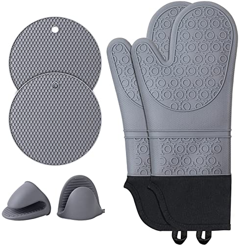 Ofenhandschuhe Topflappen Backhandschuhe Silikon: Küchenhandschuhe Set Hitzebestaendig 230°C- 2 Ofenhandschuhe 2 Topfuntersetzer 2 kleine Topfgriff für Küche Kochen Backen Grillen Mikrowellenofen Grau von HAPPTWS