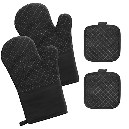 Ofenhandschuhe Topflappen Set Hitzebeständig rutschfeste: 4er Set 300°C Hitzebeständige Anti-Rutsch Topfhandschuhe Kochhandschuhe Backhandschuhe mit Baumwolle für Kochen Backen Grillen Schwarz von HAPPTWS