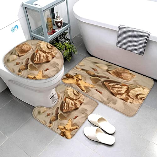 AOLIGL 3-Teiliges Badvorleger-Set Duschmatte + Kontur Matte + WC-Deckelbezug,rutschfeste Badvorleger für Küche,Dusche und Toilette Strand,Seesterne und Muscheln Badvorleger 3D-Druck von AOLIGL
