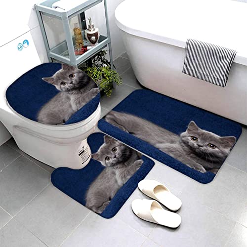 AOLIGL 3-Teiliges Mikrofaser Badvorleger Graues Kätzchen Duschmatte + Kontur Matte + WC-Deckelbezug, rutschfeste Badvorleger für Dusche und Toilette Tier Badvorleger von AOLIGL