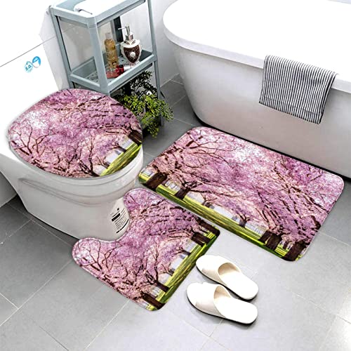 AOLIGL 3-Teiliges Mikrofaser Badvorleger-Set Duschmatte + Kontur Matte + WC-Deckelbezug rutschfeste Badvorleger für Dusche und Toilette Japan Frühling Kirschblüte Badvorleger 3D-Druck von AOLIGL