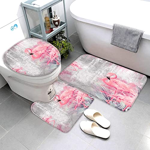 AOLIGL 3-Teiliges Mikrofaser Badvorleger-Set Duschmatte + Kontur Matte + WC-Deckelbezug rutschfeste Badvorleger für Dusche und Toilette Pink Flamingo Badvorleger 3D-Druck von AOLIGL