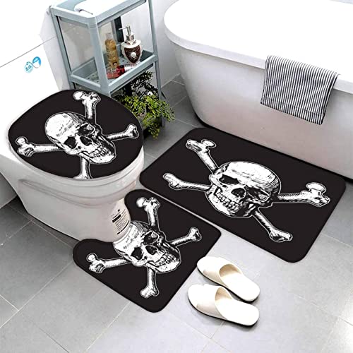 AOLIGL 3-Teiliges Mikrofaser Badvorleger Skelett Duschmatte + Kontur Matte + WC-Deckelbezug, rutschfeste Badvorleger für Dusche und Toilette Piratenschädel Badvorleger von AOLIGL