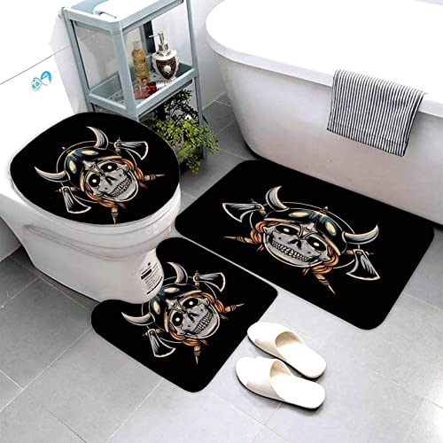 AOLIGL 3-Teiliges Mikrofaser Badvorleger Wikinger-Schädel Duschmatte + Kontur Matte + WC-Deckelbezug, rutschfeste Badvorleger für Dusche und Toilette Wikinger Schwarz Badvorleger von AOLIGL