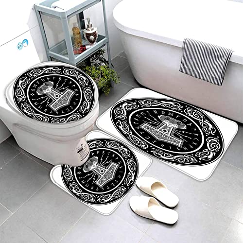 AOLIGL 3-Teiliges Mikrofaser Badvorleger Wikingerhammer Duschmatte + Kontur Matte + WC-Deckelbezug, rutschfeste Badvorleger für Dusche und Toilette Skandinavisches Weiß Badvorleger von AOLIGL
