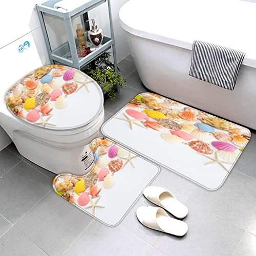 AOLIGL Badematte Exotische,Bunte Muscheln Badematten Set rutschfest Waschbar Badgarnitur 3teilig - WC Deckelbezug U-förmigen Contour Badezimmerteppich Matte Flauschige Mikrofaser von AOLIGL