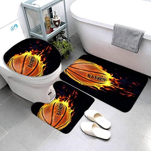 AOLIGL Badematte Flammender Basketball Fliegender Basketball Badematten Set rutschfest Waschbar Badgarnitur 3teilig - WC Deckelbezug U-förmigen Contour Badezimmerteppich Matte Flauschige von AOLIGL