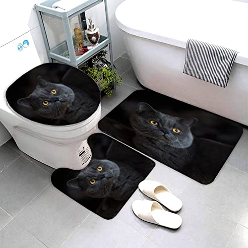 AOLIGL Badematte Graue Britische Katze Tier Schwarz Badematten Set rutschfest Waschbar Badgarnitur 3teilig - WC Deckelbezug U-förmigen Contour Badezimmerteppich Matte Flauschige von AOLIGL