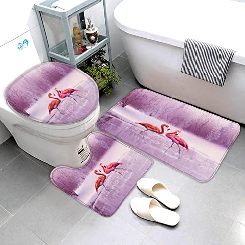 AOLIGL Badematte Pink Flamingo Lila Badematten Set rutschfest Waschbar Badgarnitur 3teilig - WC Deckelbezug U-förmigen Contour Badezimmerteppich Matte Flauschige Mikrofaser von AOLIGL