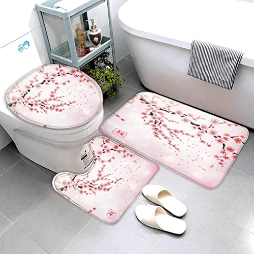 AOLIGL Badematte Rosa Japanisch Kirschblüte Badematten Set rutschfest Waschbar Badgarnitur 3teilig - WC Deckelbezug U-förmigen Contour Badezimmerteppich Matte Flauschige Mikrofaser von AOLIGL