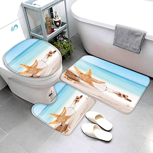 AOLIGL Badematte Sommer,Strand,Muschelseesterne Badematten Set rutschfest Waschbar Badgarnitur 3teilig - WC Deckelbezug U-förmigen Contour Badezimmerteppich Matte Flauschige Mikrofaser von AOLIGL