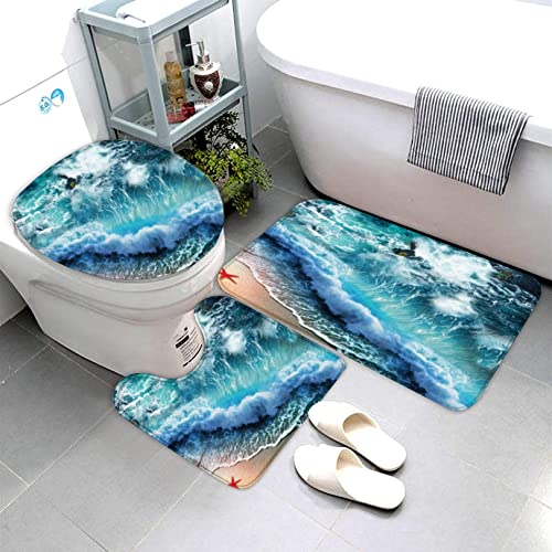 AOLIGL Badematte Sommer Strand,Seesterne,Wellen Badematten Set rutschfest Waschbar Badgarnitur 3teilig - WC Deckelbezug U-förmigen Contour Badezimmerteppich Matte Flauschige Mikrofaser AOLIGL Badematte Sommer Strand,Seesterne,Wellen Badematten Set rutschfest Waschbar Badgarnitur 3teilig - WC Deckelbezug U-förmigen Contour Badezimmerteppich Matte Flauschige Mikrofaser von AOLIGL
