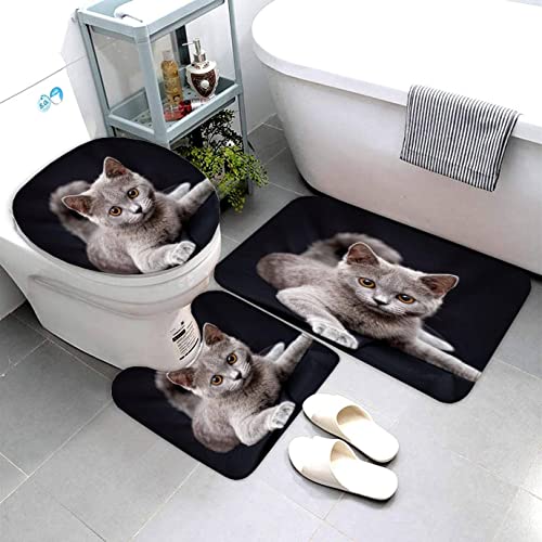 AOLIGL Badematte Süße Katze Tier Schwarz Badematten Set rutschfest Waschbar Badgarnitur 3teilig - WC Deckelbezug U-förmigen Contour Badezimmerteppich Matte Flauschige von AOLIGL