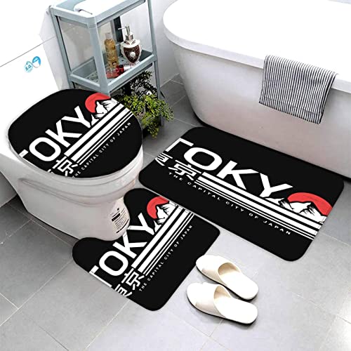 AOLIGL Badematte Tokio Schwarz Badematten Set rutschfest Waschbar Badgarnitur 3teilig - WC Deckelbezug U-förmigen Contour Badezimmerteppich Matte Flauschige von AOLIGL