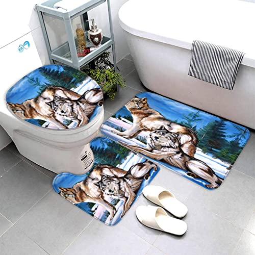 AOLIGL Badematte Wolf Tierische Ölmalerei Badematten Set rutschfest Waschbar Badgarnitur 3teilig - WC Deckelbezug U-förmigen Contour Badezimmerteppich Matte Flauschige von AOLIGL