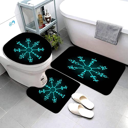 AOLIGL Badezimmermatte Set Hellblaue Wikingersymbole 3D Drucken Wikinger Magischer Runenkompass Teppich Badezimmer Badgarnitur 3teilig Mikrofaser Bath mat U-förmigen Contour Matte- WC Vorleger 40 x60 von AOLIGL