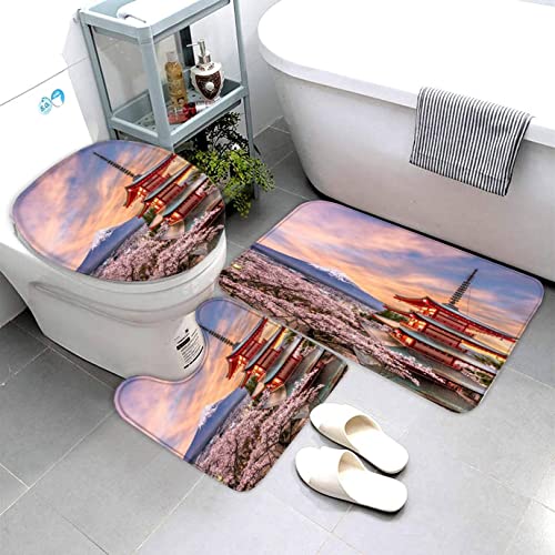AOLIGL Badezimmermatte Set Japanisches Kirschblütenrosa 3D Drucken Berg Fuji, Japan Teppich Badezimmer Badgarnitur 3teilig Mikrofaser Bath mat U-förmigen Contour Matte- WC Vorleger 40 x60 von AOLIGL