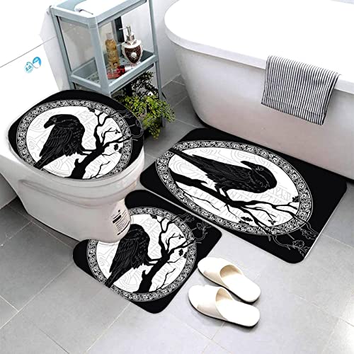 AOLIGL Badteppich Odin Schwarzer Rabe Badematten Mikrofaser Luxus Badezimmerteppich Absorbierend Teppiche Set Skandinavische Runen Badematten Sockelmatte und Toilettenmatte 50 x80 von AOLIGL