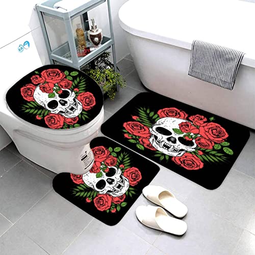 AOLIGL Badteppich Skelett Badematten Mikrofaser Luxus Badezimmerteppich Absorbierend Teppiche Set Schädel Und Rosen Badematten Sockelmatte und Toilettenmatte 50 x80 von AOLIGL