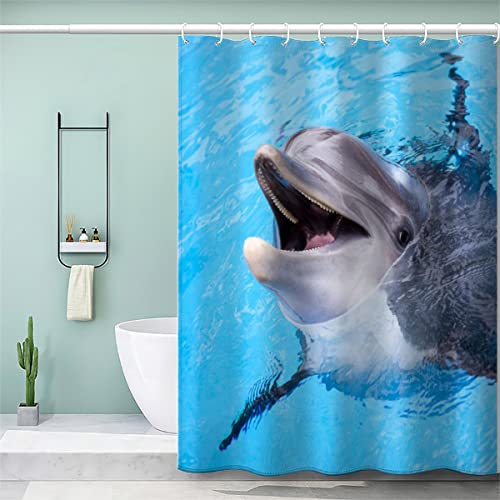 AOLIGL Duschvorhang 180x180 cm 3D Lustig Duschvorhang Delfin Badezimmer Vorhänge mit 12 Ring, Blau Duschvorhang fuir Badewanne Schwer Stoff Polyester Anti-schimmel von AOLIGL