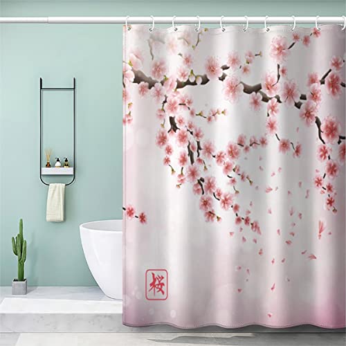 AOLIGL Duschvorhang 180x200 cm Rosa, japanische Kirschblüte Duschvorhang Ohne Bohren Duschvorhang Textil Weiß Schwarz Grau Grün Blau Badezimmer Vorhänge Hohe Qualität, Color6 von AOLIGL