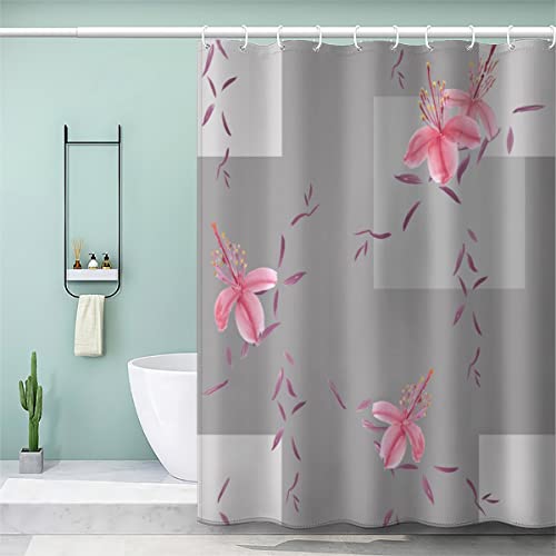 AOLIGL Duschvorhang 240x200 cm Antischimmel Duschvorhang Rosa Blumen Duschvorhang Set Antibakteriell mit 12 Ringe Interessant Duschvorhang Grau Textil Badezimmer Vorhänge Waschbar von AOLIGL