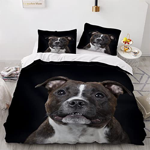 AOLIGL Hund-Motiv Bettwäsche 220x240cm Staffordshire Bull Terrier Bettwäsche-Set Schwarz Mikrofaser Betten Set,Hund Haustier Bettbezug Schöne Tiere,Kissenbezug 80 x 80cm, Jungen Mädchen Bettwäsche von AOLIGL