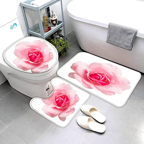 Badematte Pinke Rose Blumen Badematten Set rutschfest Waschbar Badgarnitur 3teilig - WC Deckelbezug U-förmigen Contour Badezimmerteppich Matte Flauschige von AOLIGL