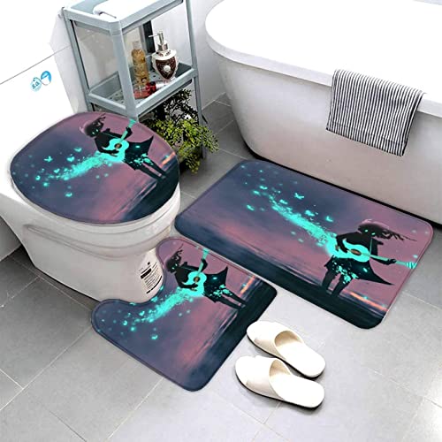 Badezimmermatte Set Schmetterling Des Japanischen Anime 3d Drucken Mädchen Spielt Gitarre Teppich Badezimmer Badgarnitur 3teilig Mikrofaser Bath mat U-förmigen Contour Matte- WC Vorleger 40 x60 von AOLIGL