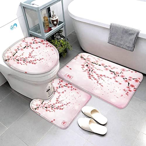 AOLIGL Badteppich Japanische Kirschblüten Badematten Mikrofaser Luxus Badezimmerteppich Absorbierend Teppiche Set Blume Rosa Badematten Sockelmatte und Toilettenmatte 50 x80 von AOLIGL