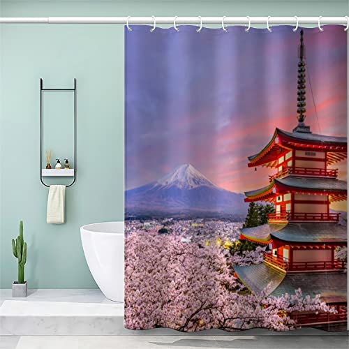 AOLIGL Duschvorhang 180x200 cm Japanische Landschaft, Frühlingskirschblüten Duschvorhang Ohne Bohren Duschvorhang Textil Weiß Schwarz Grau Grün Blau Badezimmer Vorhänge Hohe Qualität von AOLIGL