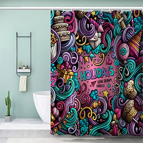 Duschvorhang 240x200 cm Antischimmel Duschvorhang Bunte Persönlichkeit, Graffiti Duschvorhang Set Antibakteriell Wasserdicht mit 12 Ringe Interessant Duschvorhang Textil Badezimmer Vorhänge Waschbar von AOLIGL