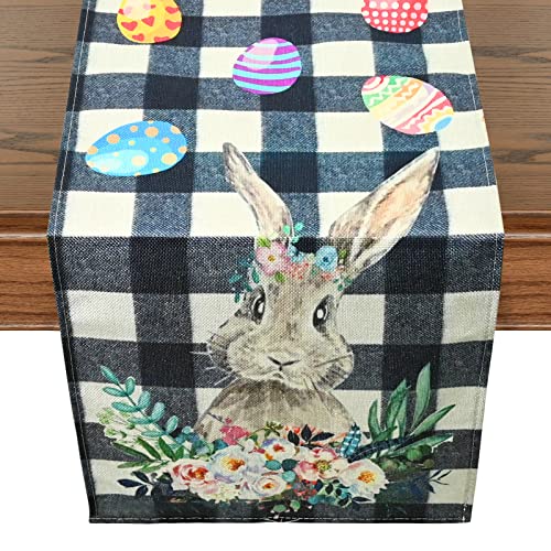 AOLOA Ostern Tischläufer - Vintage Süssen Häschen Tischdecke Osterdeko Eier Tischdecke Schwarz Weiß Gitter Kariert Plaid Check Easter Leinen Frühling Osterdekoration für Zuhause Esszimmer, 35x180cm von AOLOA