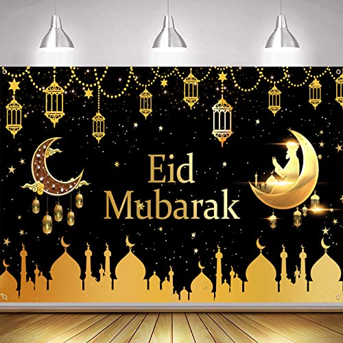 Eid Ramadan Mubarak Banner Dekoration, Schwarz Gold Extra Große Stoff Eid Mubarak Hintergrund Banner, Eid Ramadan Schild Poster für Muslim islamische Party Deko Garten Tabelle Mauer von AOLOA