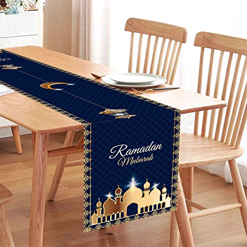 Eid Ramadan Mubarak Tischläufer, Blau Gold Ramadan Stern Mond Tischwäsche, Polyester Tischdecke Dekor für Islamic Muslim Party Dekorationen, 35x180cm von AOLOA