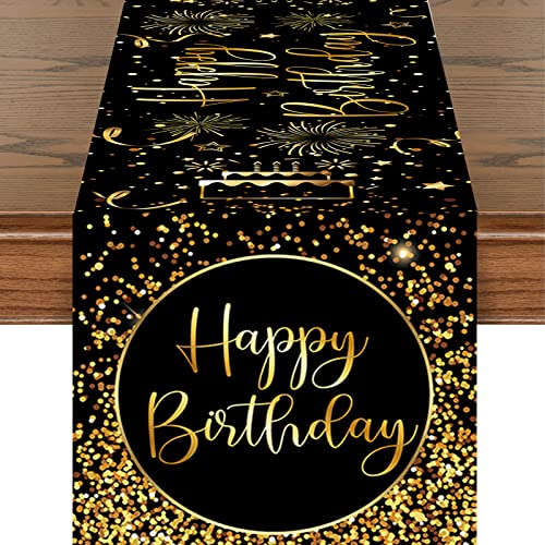 Geburtstag Tischläufer, Schwarz Gold Geburtstag Dekoration, Waschbar Tischband, Männer Frauen Happy Birthday Tischdecke für Drinnen und Draußen Familienessen, Baby Shower Tischdekoration, 35x185cm von AOLOA