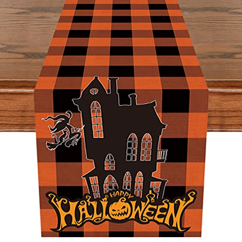 Halloween Tischläufer, Vintage Orange Schwarz & Schloss Plaid Tischwäsche, Halloween Party Deko Waschbar Herbst Küche Esstisch Gitter Tischdekoration Drinnen Draußen Kariert Tischdecke, 35x180cm von AOLOA