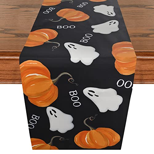 Schwarz Halloween Tischläufer, Vintage Malerei Kürbis Geist Boo Tischdeko, Halloween Deko Tischwäsche, Waschbar Herbst Küche Esstisch Tischdekoration Drinnen und Draußen Party Tischdecke, 35x180cm von AOLOA