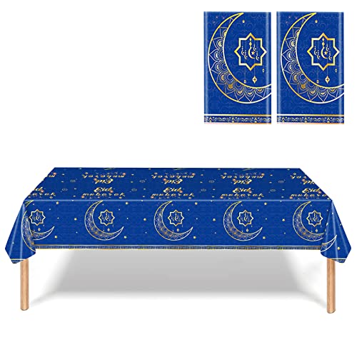Tischdecke Eid Ramadan - 2 Stück Mond Stern Eid Mubarak Tischdekoration PVC Rechteck Tischtuch Blau Gold Wasserabweisend Tischtücher für Islamic Muslim Party Dekorationen Innerhalb Außen, 137 * 274cm von AOLOA