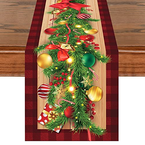 Weihnachten Tischläufer, Rot Schwarz Plaid & Beere Girlande Tischwäsche, 3D Realistisch Weihnachts Party Deko Waschbar Winter Gitter Tischdekoration Drinnen Draußen Kariert Tischdecke, 35x180cm von AOLOA