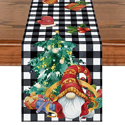 Weihnachten Tischläufer, Schwarz Weiß Plaid & Weihnachtszwerg Tischwäsche, 35 x 180cm Weihnachts Party Waschbar Winter Festival Küche Gitter Tischdekoration Drinnen Draußen Kariert Tischdecke von AOLOA