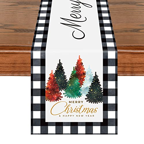 Weihnachten Tischläufer, Vintage Schwarz Weiß Plaid & Bäume Tischwäsche, Weihnachts Party Deko Waschbar Winter Festival Küche Gitter Tischdekoration Drinnen Draußen Kariert Tischdecke, 35x180cm von AOLOA