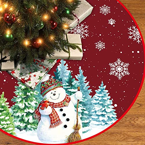 Weihnachtsbaum Decke 120cm, Dunkelrot Weihnachtsbaum Rock mit Schneemann & Schneeflocke, Polyester Weihnachtsbaumdecke Christbaumdecke Tannenbaumdecke für Weihnachten Party Winterferien Dekoration von AOLOA