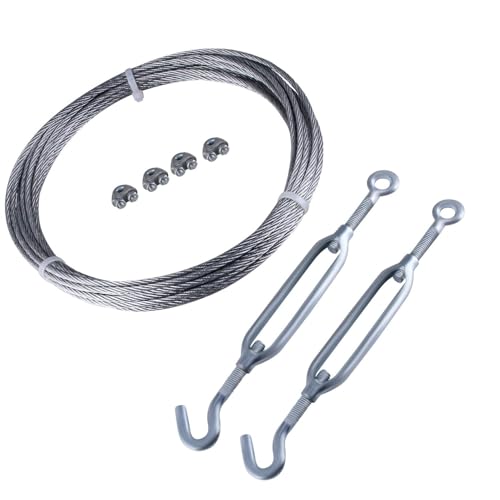 AOMIKITSTU Drahtseil Set, 10m 4mm 6x7 Seilaufhängung Drahtseil, Stahlseil mit 2 Spannschloss M8 Haken und 4 M4-Spannzangen von AOMIKITSTU